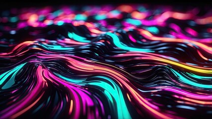 Abstract image featuring flowing, wave-like lines in vibrant shades of neon purple