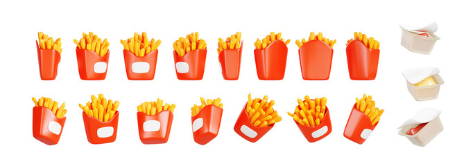3d french fries in red paper box rotation render. Realistic isolated fast food potato snack with ketchup and cheese sauce in plastic packs animation with sequence rotating element set