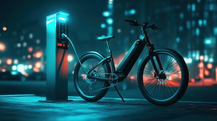 Electric bicycle charging at a futuristic station in the city at night