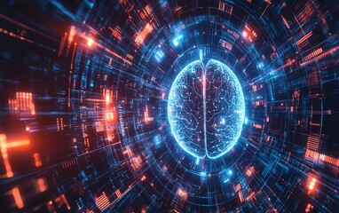 Obraz premium Advanced digital brain hologram with interactive data visualization, glowing circuits, and a futuristic technology background, representing neural computing in 3D