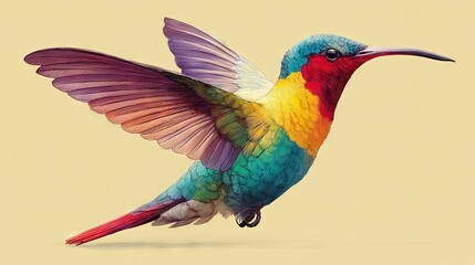 Vibrant, colorful hummingbird in mid-flight. The intricate patterns and hues create a mesmerizing scene, showcasing the beauty of nature and wildlife.