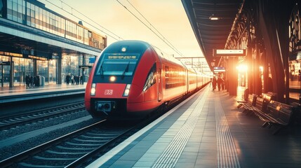 Naklejka premium A modern red train approaching a bustling train station at sunset, capturing the vibrant atmosphere of urban public transportation and daily commute activities