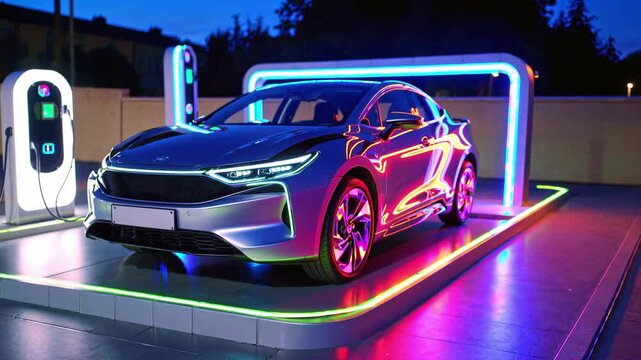 Futuristic car is parked in front of charging station. Car is surrounded by neon lights, giving it futuristic and sleek appearance