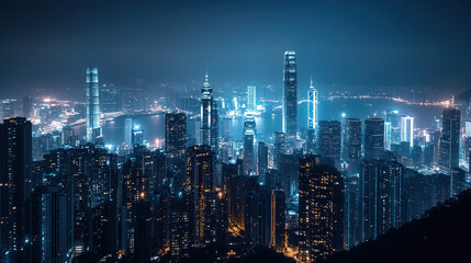Aerial view of a city skyline at night with illuminated skyscrapers and a dark blue color scheme