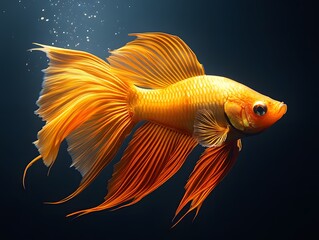 Elegant golden Siamese fighting fish with flowing fins, isolated on black background, studio lighting, hyper-realistic details