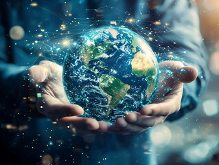 Global connectivity hands holding earth digital realm business environment creative viewpoint conceptual imagery