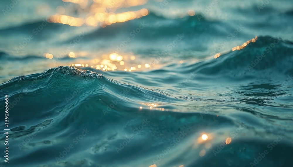 Aufkleber Abstract turquoise water with waves. Sun reflections create sparkling effect. Wavy pattern, water texture with ripples and shadows. Refreshing ocean background for vacation or travel.