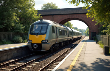 Fototapeta premium Passenger train at a rural station in West Midlands England. Railway track travels through the countryside. English travel and tour tourism, commuter train, transport, railway transportation.