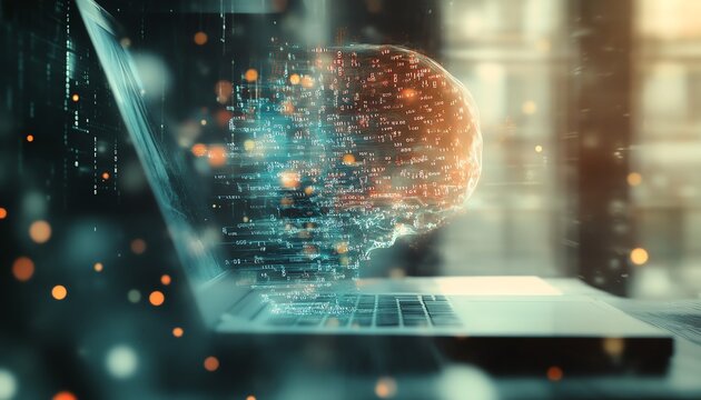 Closeup of office desktop with laptop, glowing blurry AI hologram, and binary coding on a blurry background, double exposure, representing artificial intelligence and programming