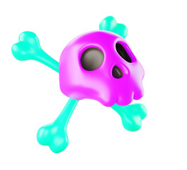 Purple skull with green toxic crossbones 3d render icon. Cartoon color symbol of death, warning sign of chemical danger, attention. Emblem of dead head for game ui design or halloween