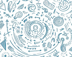 Creative swirl of handdrawn doodles on a white background, featuring lightbulbs, clouds, and gears, representing brainstorming and innovative ideas