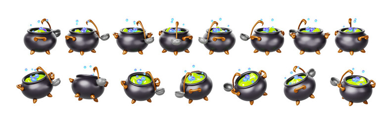 Witch or wizard cauldron rotation render. Animation sprite sheet of pot with boiling magic potion, poison and ladle. Cartoon game ui boiler icons set with green liquid, water bubbles