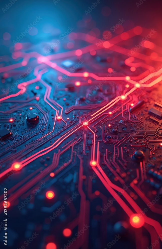 Poster abstract image circuit board glowing red blue lights. digital tech design background. modern tech il