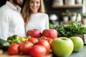 Couple preparing fresh vegetables and fruits together in a cozy kitchen setting