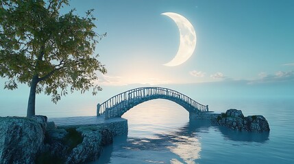 Dreamy Crescent Moon Over Stone Bridge Reflecting in Calm Waters Scenery