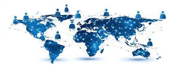 Obraz premium Digital world map globe with blue user icons and stats indicators, 3D rendering of global network and social communication, data flow, tech innovation