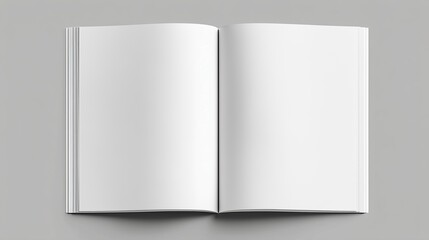 High-resolution open square magazine mockup with white pages on gray background, flat-lay design for presentation layouts, corporate reports, or branding portfolios. Clean minimalist style with profes