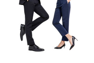 Man in black slacks and woman in navy heels, both legs crossed stylishly in sync, isolated on a transparent background