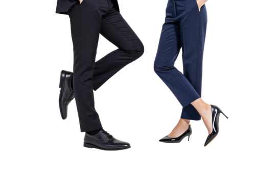 Man in black slacks and woman in navy heels, both legs crossed stylishly in sync, isolated on a transparent background - Powered by Adobe