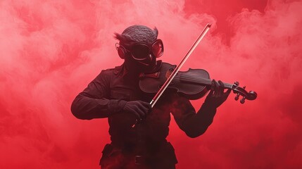 Fototapeta premium A mysterious figure wearing a monkey mask plays the violin amidst a dramatic red smoky background, creating a surreal and artistic atmosphere.