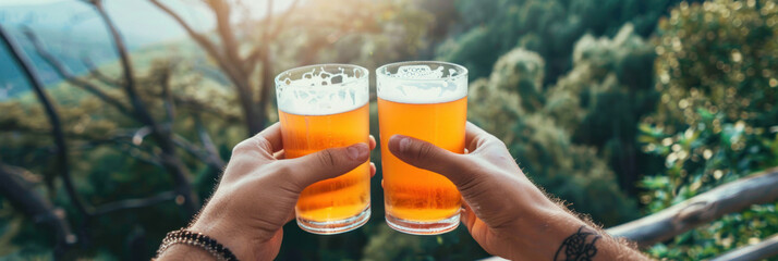 A pair of hands holding a freshly poured wild fermented craft beer, with a scenic outdoor background,