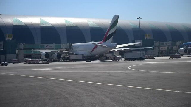 Aerial view from an airplane window of Dubai airport, UAE