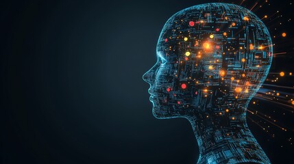 Futuristic software technologies concept with blue shadow human head side view, dark background, coding interface, machine learning algorithms, 3D rendering, hightech design