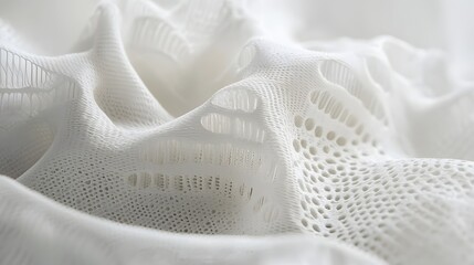 Close up view of an innovative 3D printed fabric with intricate microstructures designed for enhanced breathability and comfort in fashion and apparel applications  The textured