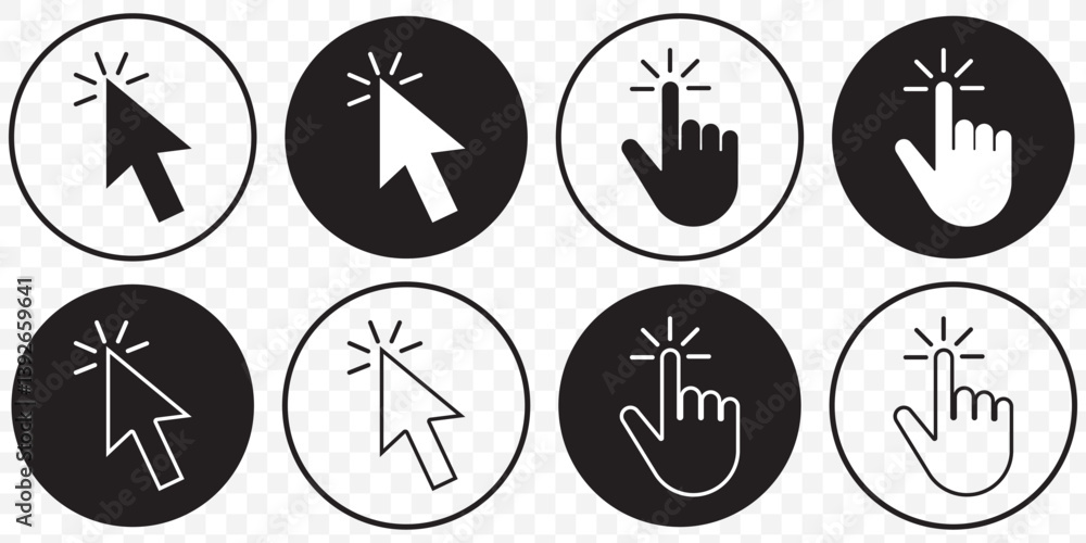 Poster set of black cursor icons click, featuring various mouse click cursor designs. cursor icon vector il