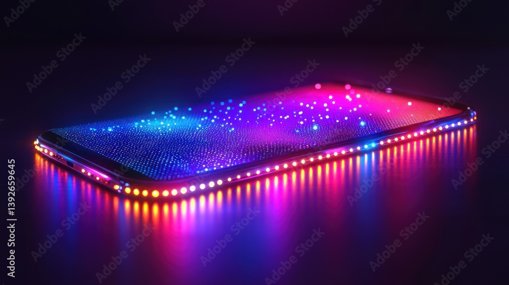 Poster futuristic smartphone displaying a vibrant network data visualization
