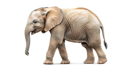 Obraz premium Wild baby elephant walking isolated on white background wildlife photography studio environment close-up view