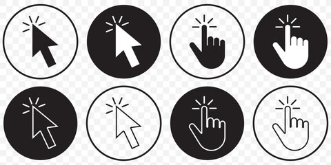 Set of Black cursor icons click, featuring various mouse click cursor designs. Cursor icon vector illustration on Transparent Background. EPS 10.