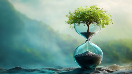 Hourglass With a Growing Tree, Sand Flowing, Symbolic Concept, Environmental Awareness