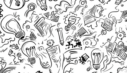 Obraz premium Handdrawn doodles swirling on a white background, with elements of brainstorming like lightbulbs, gears, and thought bubbles, representing the flow of creative ideas
