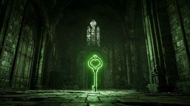 Green Key in a Gothic Ruined Cathedral