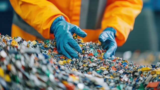 Sorting recyclable materials for remote work digital nomad lifestyle urban recycling center action shot indoor close-up