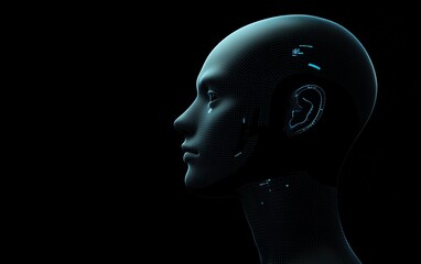 Obraz premium Machine learning and software technologies concept with blue shadow human head side view on dark background