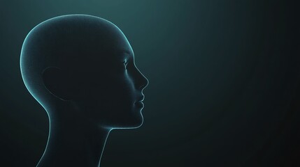 Machine learning concept with blue shadow human head side view, dark background, coding and programming interface, 3D rendering, AI technology, digital transformation