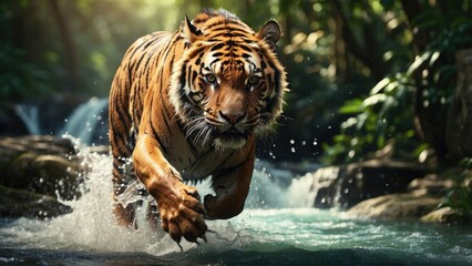 A majestic tiger with striking orange and black stripes is seen running through water