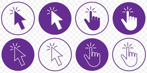 Purple mouse click pointer icon set. mouse cursor icon set. mouse cursor hand pointer. arrow pointer set. vector illustration on transparent background. EPS 10.