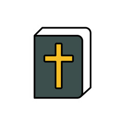 Flat vector icon of a Bible with a gold cross on the cover. Symbol of Christian faith, scripture, and religion. Perfect for apps, church websites, Bible study. Isolated on white. Editable stroke