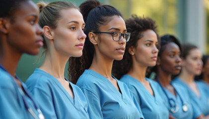 Group healthcare professionals stand in unison, pride in roles as caregivers, medical experts. Teamwork, dedication, hope, collaboration, support, community, health care. Focus on mission, treatment,
