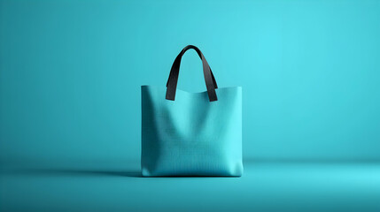 Light blue tote bag on blue background; product mockup