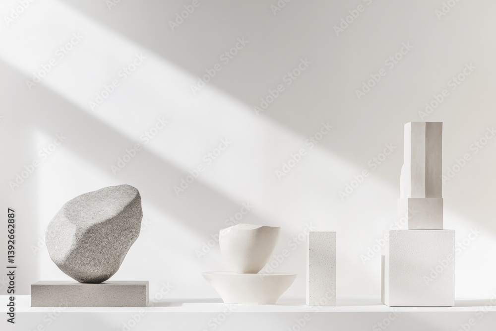Poster minimalistic scene of modern art sculptures in gallery with ample copy space for text placement