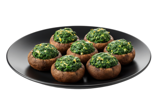 Stuffed mushrooms with spinach filling on a black plate, showcasing culinary art