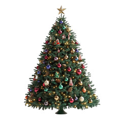 Obraz premium A large Christmas tree with many ornaments and a star on top. The tree is lit up and he is very festive
