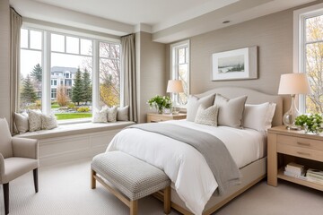 A calming bedroom with pale colors, feather pillows, and soothing candlelight