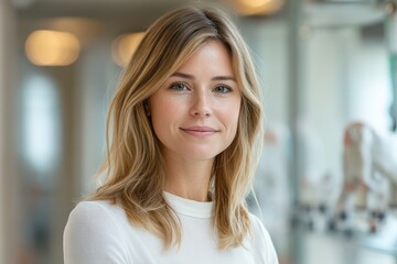 Fototapeta premium Portrait of a young woman in an office environment, smiling confidently in natural light