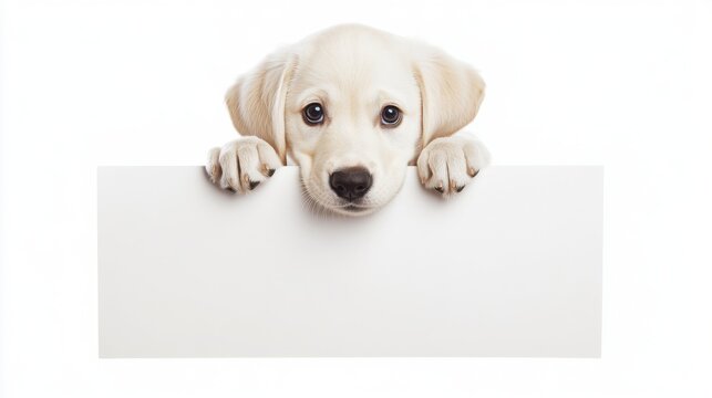Adorable golden retriever puppy peeks over a blank white sign, looking directly at the viewer with curious eyes