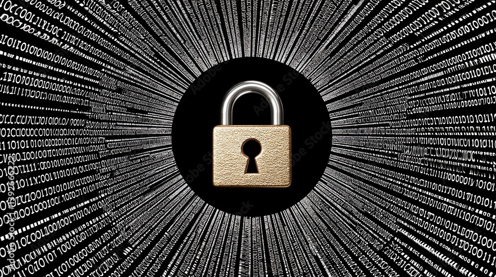 Poster abstract digital security concept image featuring a gold padlock at the center of radiating lines of